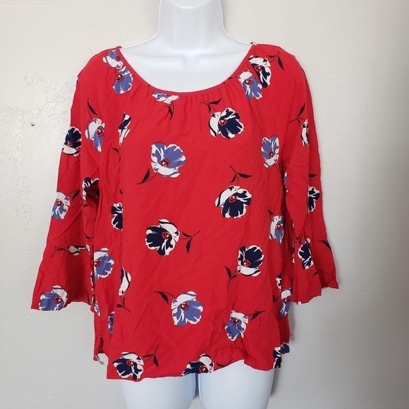 Banana Republic Medium Red Quarter Sleeve Blouse Blue & White Floral Top Keyhole - Picture 1 of 8